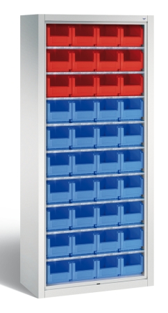 Sichtlagerkastenregal mit 12 roten u. 28 blauen Sichtlagerkästen