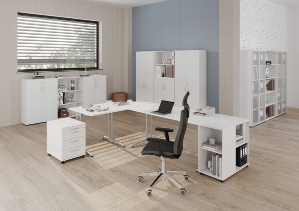 Flächenbündiger Standcontainer für Schreibtisch in weißer Dekorfarbe