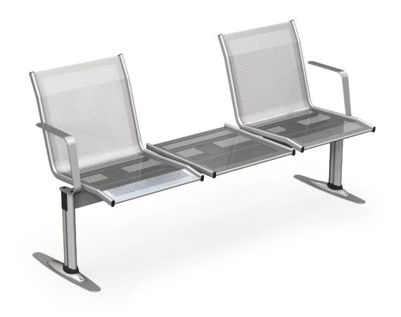 Metalltraversenbank Typ BMF005 mit 2 Sitzen, T-Fuß ohne Bodenbefestigung 9006 weißaluminium, Sitze in 9006 weißaluminium, Tisch Pos. 2, mit Armlehnen