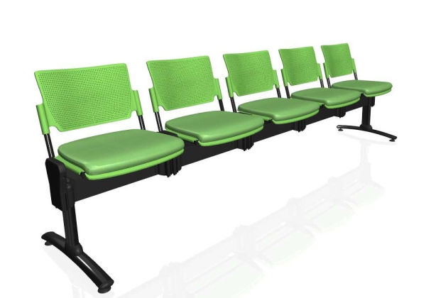 Traversenbank mit 5 Sitzen - John mit Polstersitzen grün, Rückenlehnen grün, Traverse schwarz, Gestell (Füße) schwarz.