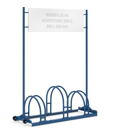 RAL 5010 lackierter Werbefahrradständer mit 890 × 300 mm Werbefläche Typ FS730