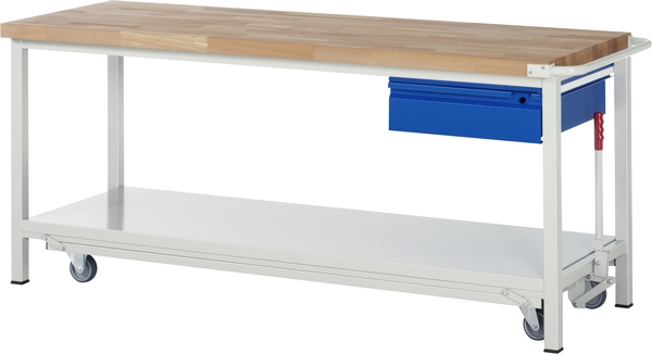 Werkbank rollbar, absenkbar, mit Schublade - Montagetisch mit Rollen: 2000 mm Breite