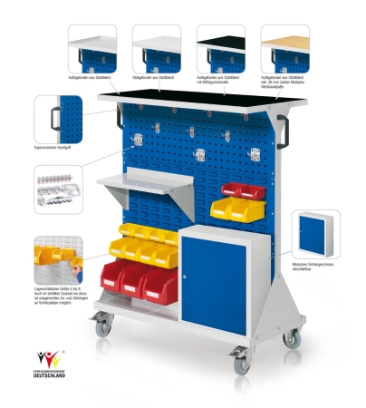 Werkstattwagen mit Schlitzplatten bzw. Lochplatten und div. Zubehör.