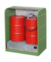 Gefahrstoffsschrank für 4 x 200 Liter Fässer mit Rollladen offen in grün