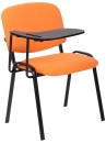 Seminarstühle mit Klapptisch in orangenem Stoff u. schwarzem Stahlgestell.